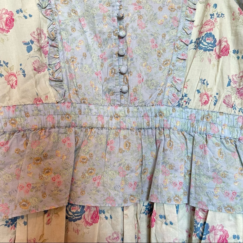 LoveShackFancy Pastel Floral Tiered Mini Dress in Light Blue and Cream - Picture 7 of 9